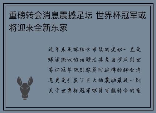重磅转会消息震撼足坛 世界杯冠军或将迎来全新东家