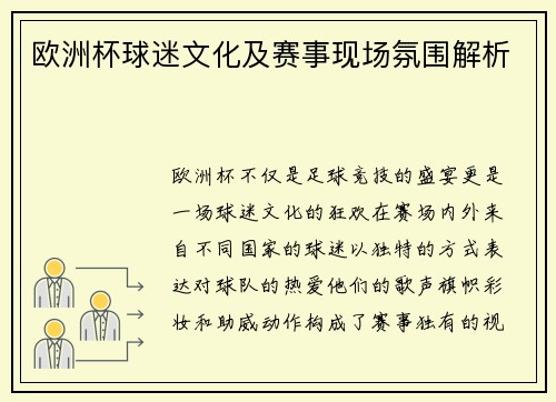 欧洲杯球迷文化及赛事现场氛围解析