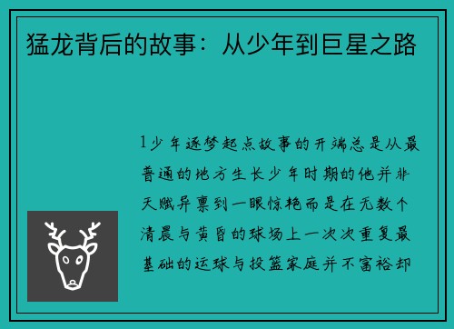 猛龙背后的故事：从少年到巨星之路