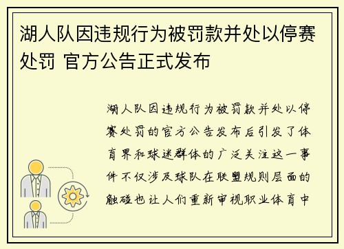 湖人队因违规行为被罚款并处以停赛处罚 官方公告正式发布